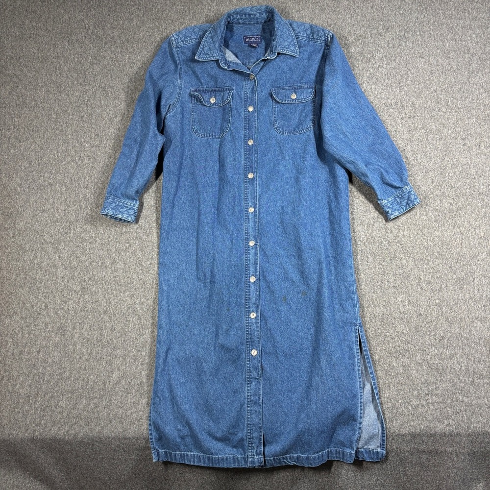 Blue J. Denim Maxi Shirt Dress Women Medium Blue Long Sleeve Button Front Cotton